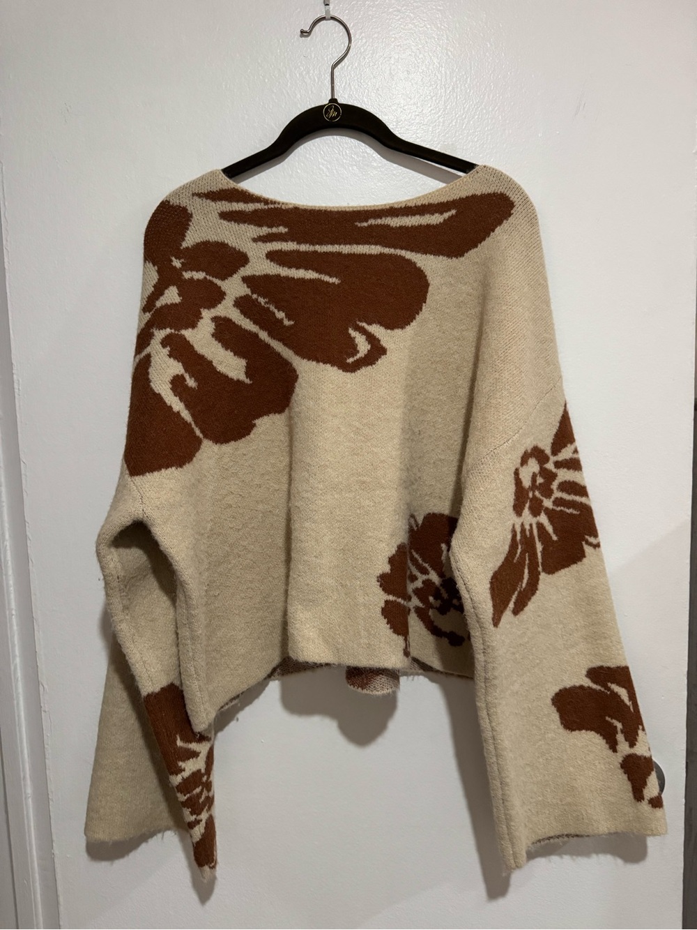Promesa Cream & Brown Floral Off-the-Shoulder Sweater